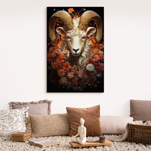 Schilderij van een ram met bloemen Canvas Schilderijen Schilderij van een ram met bloemen