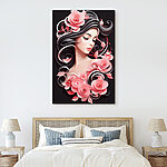 Canvas Schilderijen Vrouw met lang haar en roze bloemen