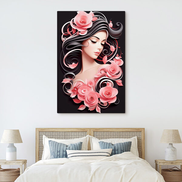 Vrouw met lang haar en roze bloemen Canvas Schilderijen Vrouw met lang haar en roze bloemen