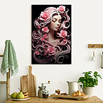 Canvas Schilderijen Vrouw met roze bloemen en lang haar
