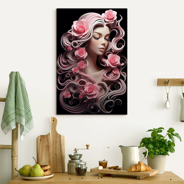 Vrouw met roze bloemen en lang haar Canvas Schilderijen Vrouw met roze bloemen en lang haar