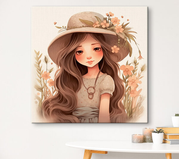 Cartoon meisje met lang haar draagt een hoed en bloemen Canvas Schilderijen Cartoon meisje met lang haar draagt een hoed en bloemen