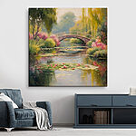 Canvas Schilderijen Brug over een vijver met lelieblad en bloemen
