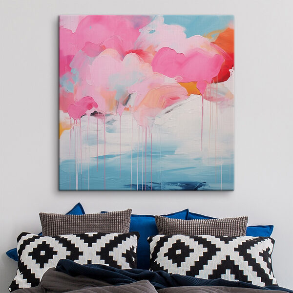 Schilderij van roze wolken en blauwe lucht Canvas Schilderijen Schilderij van roze wolken en blauwe lucht
