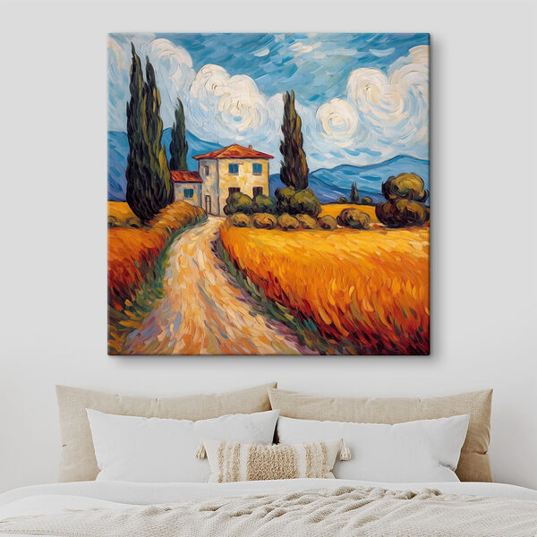 Schilderij van een huis in een tarweveld Canvas Schilderijen Schilderij van een huis in een tarweveld