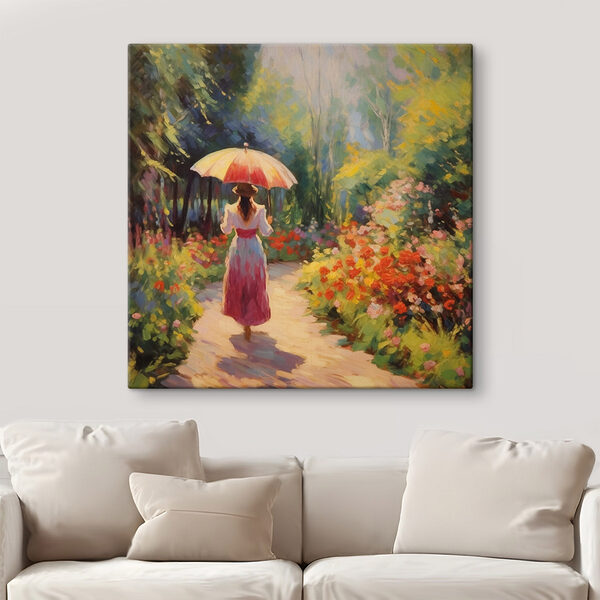 Vrouw loopt over een pad met een grote paraplu Canvas Schilderijen Vrouw loopt over een pad met een grote paraplu