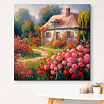 Canvas Schilderijen Schilderij van een huis met bloemen