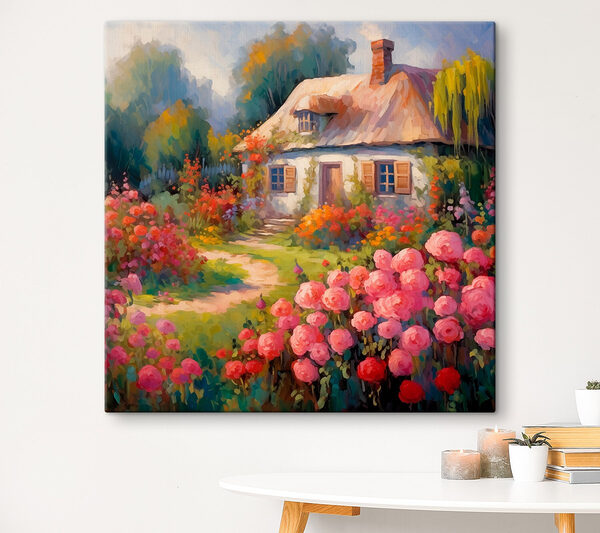 Schilderij van een huis met bloemen Canvas Schilderijen Schilderij van een huis met bloemen