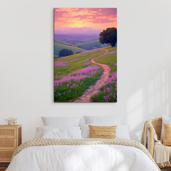 Pad door een veld met paarse bloemen Canvas Schilderijen Pad door een veld met paarse bloemen