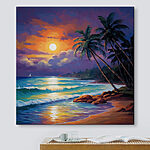 Canvas Schilderijen Schilderij van een strand met palmbomen en golven