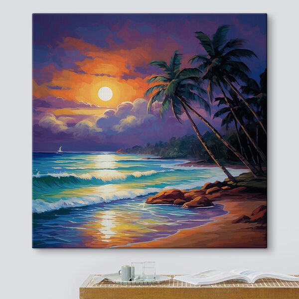 Schilderij van een strand met palmbomen en golven Canvas Schilderijen Schilderij van een strand met palmbomen en golven