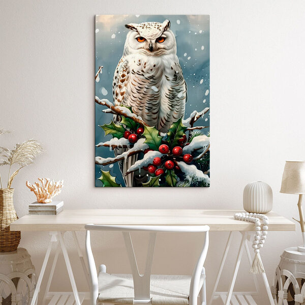 Witte uil zittend op een tak met sneeuw en bessen Canvas Schilderijen Witte uil zittend op een tak met sneeuw en bessen