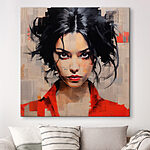 Canvas Schilderijen Vrouw met zwart haar en rood shirt