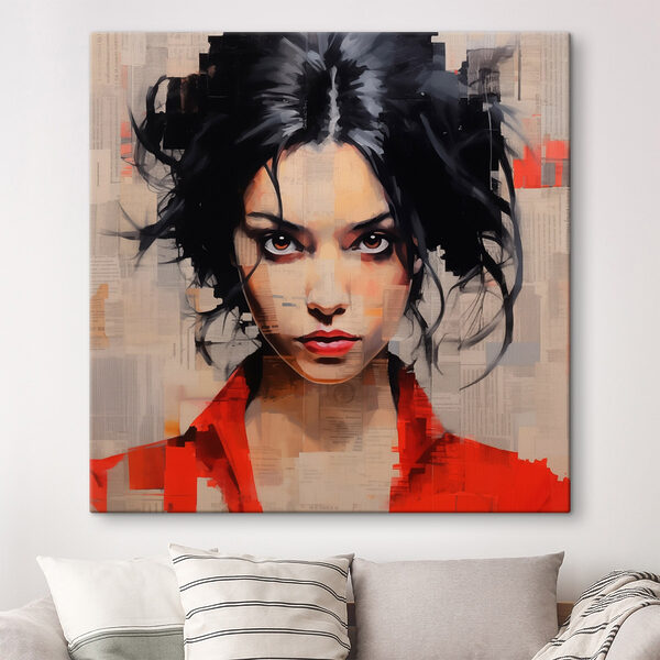 Vrouw met zwart haar en rood shirt Canvas Schilderijen Vrouw met zwart haar en rood shirt