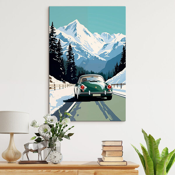 Auto rijdt op een besneeuwde weg Canvas Schilderijen Auto rijdt op een besneeuwde weg