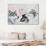 Canvas Schilderijen Vrouw met wit haar en twee wolven