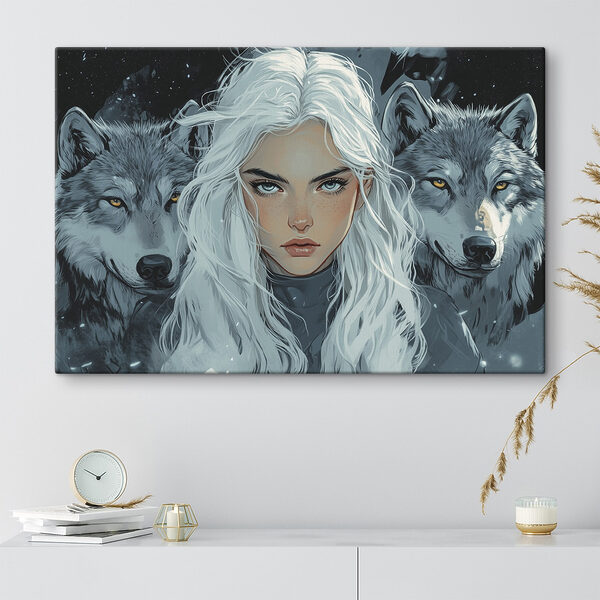 Vrouw met wit haar en een wolf achter haar Canvas Schilderijen Vrouw met wit haar en een wolf achter haar