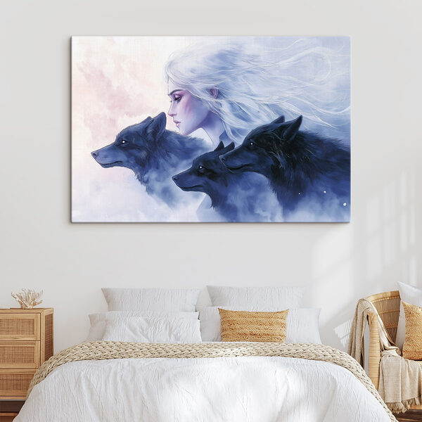 Vrouw met wit haar en wolven Canvas Schilderijen Vrouw met wit haar en wolven