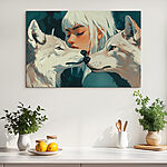 Canvas Schilderijen Vrouw met wit haar en twee wolven