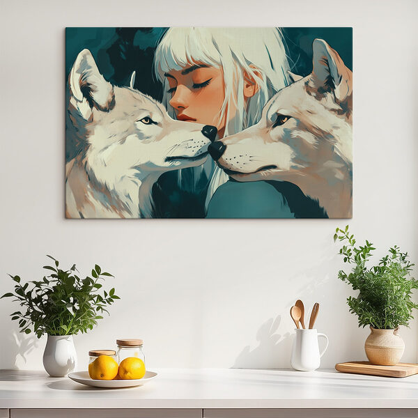 Vrouw met wit haar en twee wolven Canvas Schilderijen Vrouw met wit haar en twee wolven