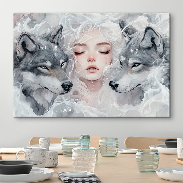Vrouw met wit haar en twee wolven Canvas Schilderijen Vrouw met wit haar en twee wolven