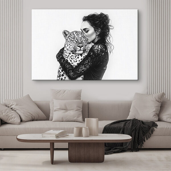 Vrouw knuffelt een luipaard Canvas Schilderijen Vrouw knuffelt een luipaard