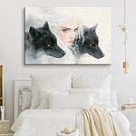 Canvas Schilderijen Vrouw met wit haar en twee wolven