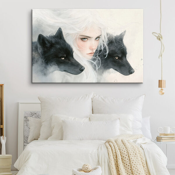 Vrouw met wit haar en twee wolven Canvas Schilderijen Vrouw met wit haar en twee wolven