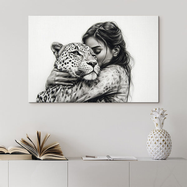 Tekening van een vrouw die een luipaard knuffelt Canvas Schilderijen Tekening van een vrouw die een luipaard knuffelt