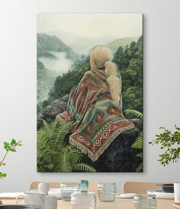 Vrouw zittend op een rots kijkend naar een mistige vallei Canvas Schilderijen Vrouw zittend op een rots kijkend naar een mistige vallei