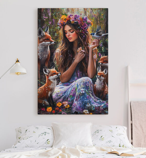 Schilderij van een vrouw met bloemen en vogels Canvas Schilderijen Schilderij van een vrouw met bloemen en vogels