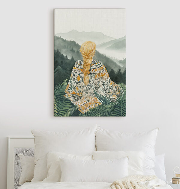 Vrouw zittend in een bos kijkend naar bergen Canvas Schilderijen Vrouw zittend in een bos kijkend naar bergen