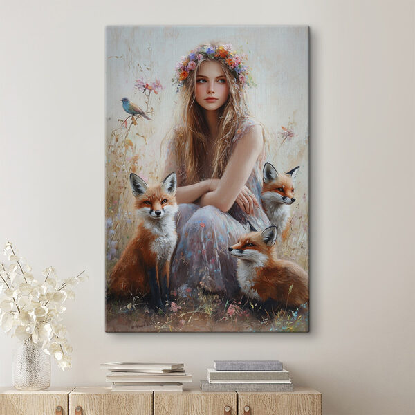 Schilderij van een vrouw met vossen Canvas Schilderijen Schilderij van een vrouw met vossen