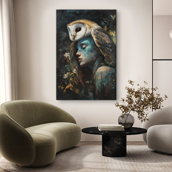 Schilderij van een vrouw met een uil op haar hoofd Canvas Schilderijen Schilderij van een vrouw met een uil op haar hoofd