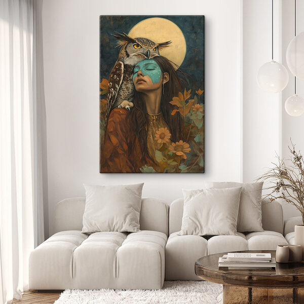 Schilderij van een vrouw met een uil op haar hoofd Canvas Schilderijen Schilderij van een vrouw met een uil op haar hoofd