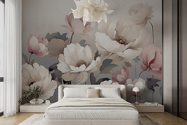 Schilderij van bloemen op een muur Fotobehang Schilderij van bloemen op een muur
