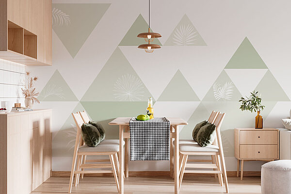 Witte en groene driehoeken met een patroon van bladeren Fotobehang Witte en groene driehoeken met een patroon van bladeren