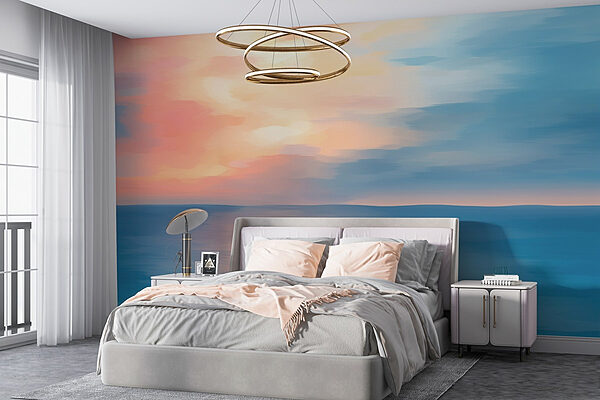 Blauwe en roze lucht boven water Fotobehang Blauwe en roze lucht boven water