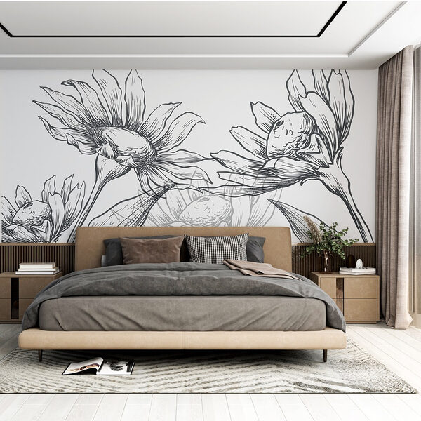 Tekening van bloemen met bladeren Fotobehang Tekening van bloemen met bladeren
