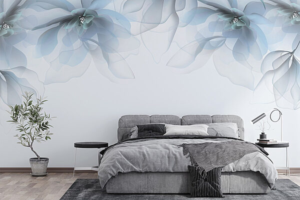 Groep bloemen met witte en blauwe bloemen Fotobehang Groep bloemen met witte en blauwe bloemen