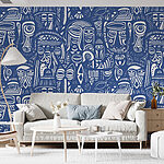 Fotobehang Blauw en wit patroon van gezichten