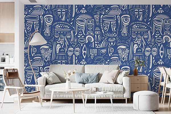 Blauw en wit patroon van gezichten Fotobehang Blauw en wit patroon van gezichten