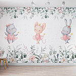 Fotobehang Groep dieren in roze tutu-rokjes en bloemen