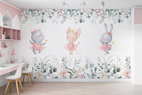 Groep dieren in roze tutu-rokjes en bloemen Fotobehang Groep dieren in roze tutu-rokjes en bloemen