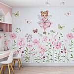 Fotobehang Aquarel van een fee in een roze jurk omringd door bloemen
