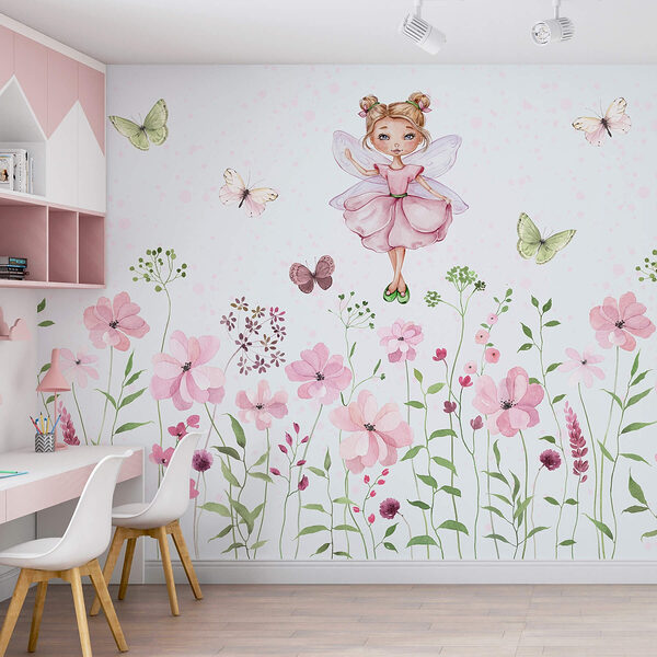 Aquarel van een fee in een roze jurk omringd door bloemen Fotobehang Aquarel van een fee in een roze jurk omringd door bloemen