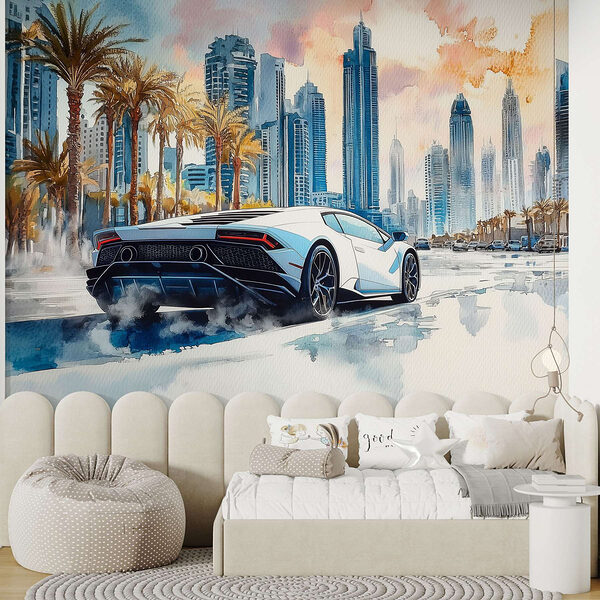 Fotobehang Fotobehang Schilderij van een witte sportwagen rijdend op een weg met palmbomen (Artikelnummer: w01963)