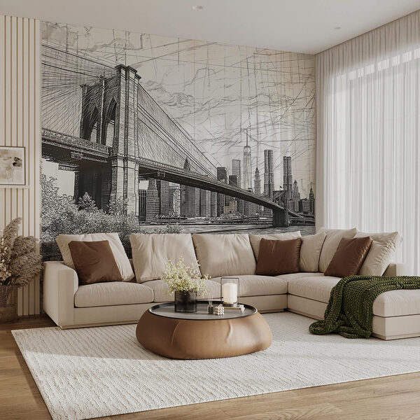Fotobehang Fotobehang Tekening van een brug en een stad (Artikelnummer: w01961)