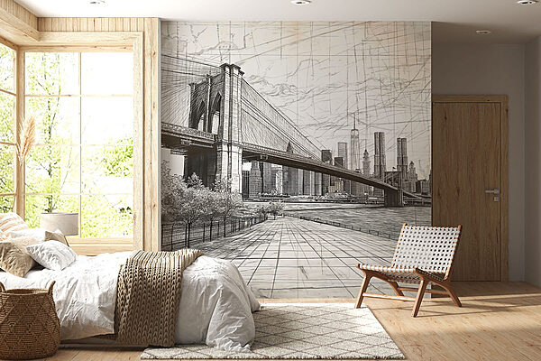 Tekening van een brug en een stad Fotobehang Tekening van een brug en een stad