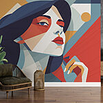 Fotobehang Vrouw met blauw haar en rode en witte make-up